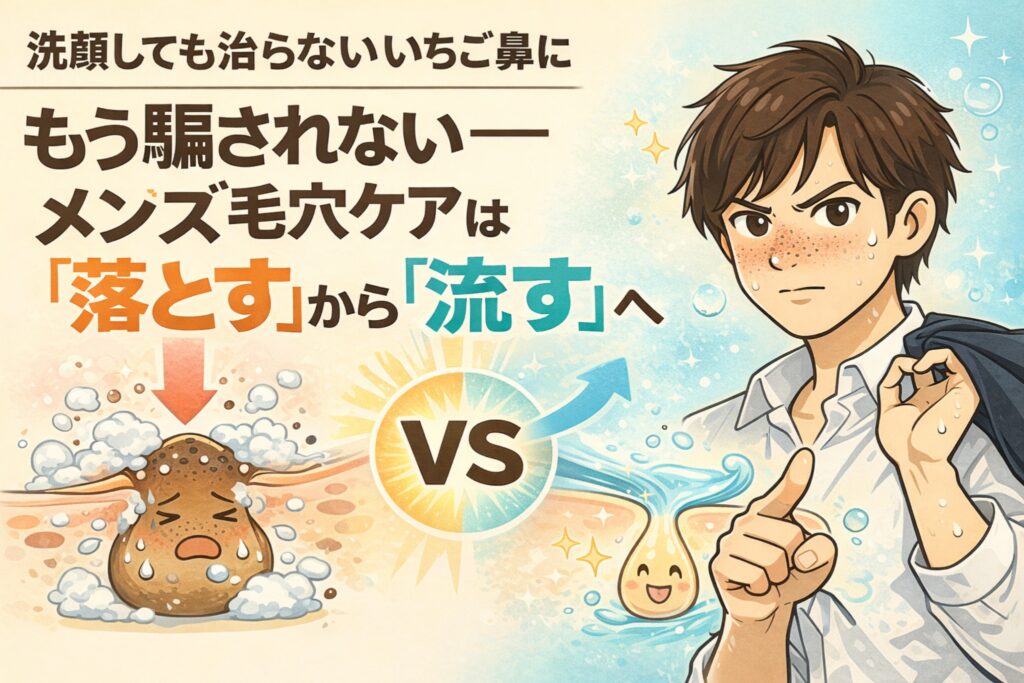 洗顔しても治らないいちご鼻に悩む男性向け毛穴ケア解説イラスト。「メンズ毛穴ケアは落とすから流すへ」というメッセージとともに、左側には泡で洗っても残る角栓キャラクター、右側には水の流れで毛穴が整う様子が描かれている。汗をかいた男性が指差しで説明し、洗顔中心ケアと構造を整えるケアの違いを対比して示している。