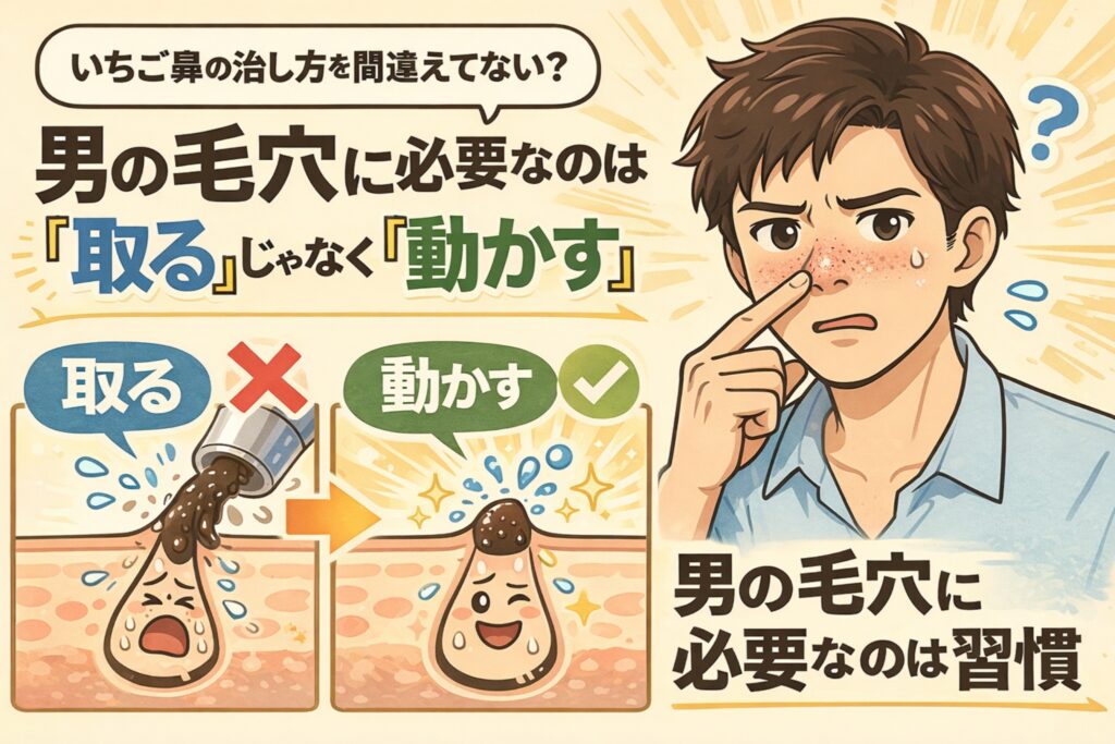 いちご鼻のケア方法を解説する男性向け図解イラスト。鼻の黒ずみを気にする男性と、「取るケア」と「動かすケア」を比較した毛穴断面図が描かれている。無理に角栓を取り除く方法はNGで、毛穴の中の流れを整えて動かす習慣が重要であることを、チェックマークとバツ印で分かりやすく示している教育的ビジュアル。
