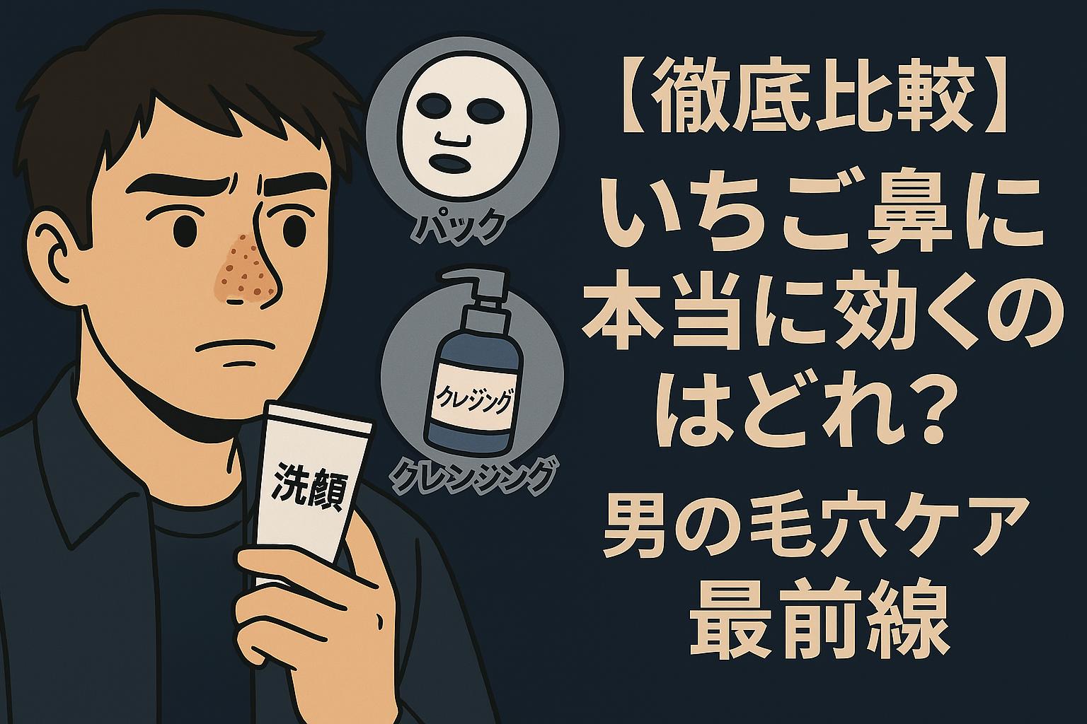 いちご鼻が目立つ男性が洗顔チューブを手に持ち、パックとクレンジングのイラストを見比べている。暗めの背景に大きな日本語で「毛穴ケア最前線」のタイトルが並び、スキンケア効果の違いを伝える構成。