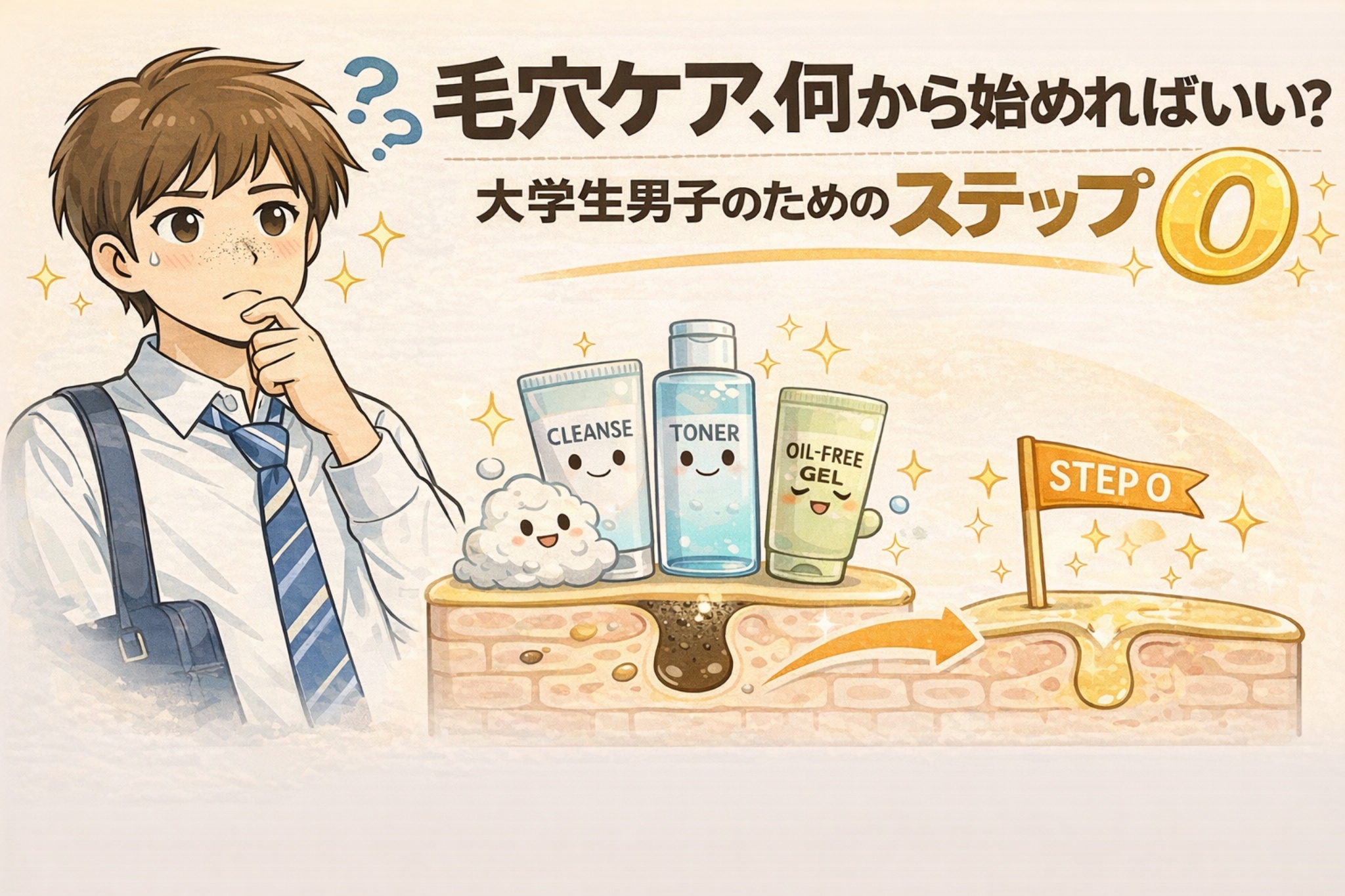毛穴ケアを何から始めればよいか悩む大学生男子向けの図解イラスト。洗顔・化粧水・オイルフリージェルの基本ケアを示し、まずは土台となる習慣づくり（STEP0）が重要であることを毛穴断面図とともに分かりやすく表現している。