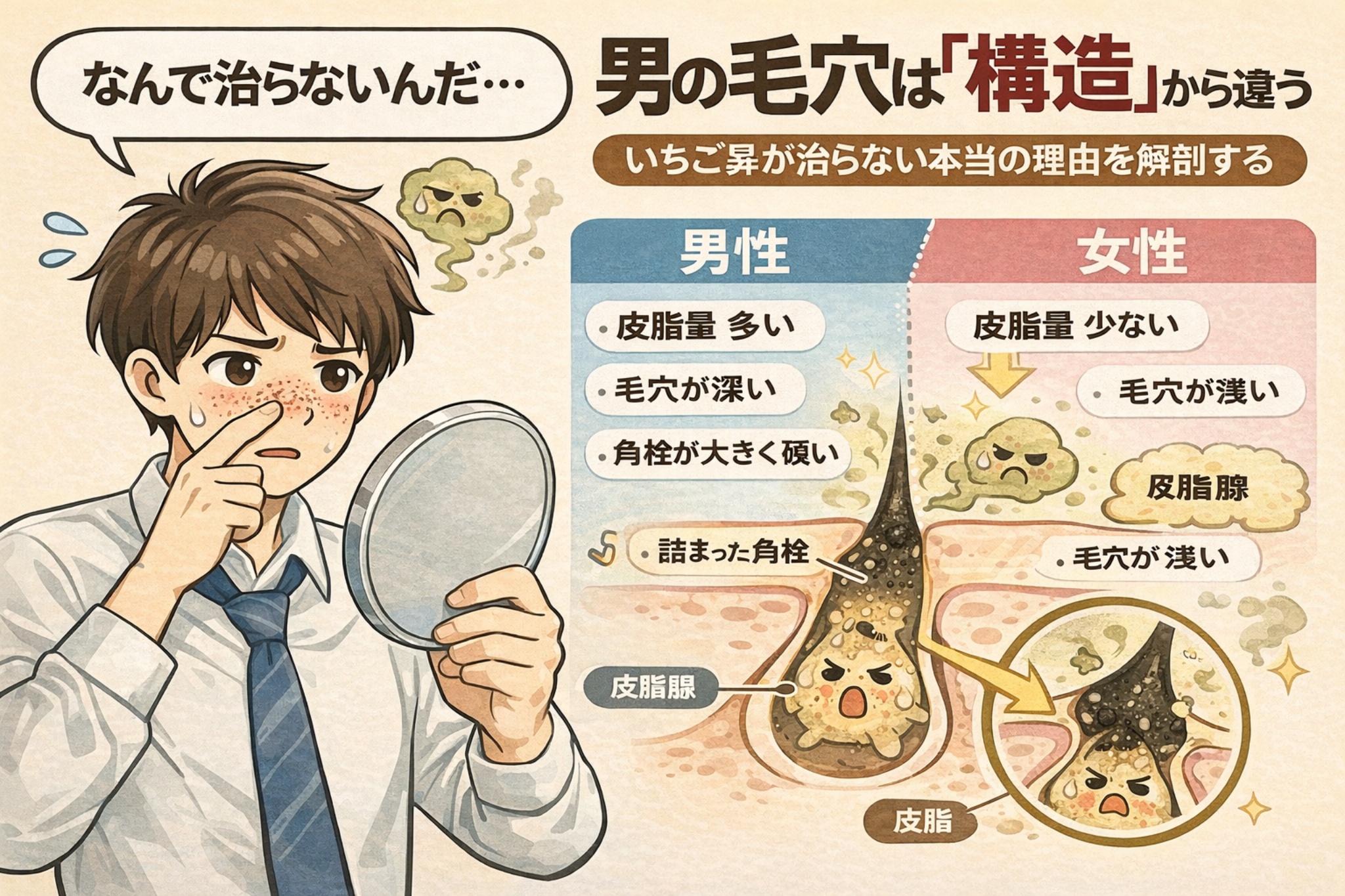 いちご鼻に悩む男性が鏡を見つめる様子と、男女の毛穴構造の違いを比較したイラスト。男性は皮脂量が多く毛穴が深く、角栓が大きく硬くなりやすい一方、女性は皮脂量が少なく毛穴が浅いという構造差を、毛穴断面図で分かりやすく解説している。「男の毛穴はいちご鼻が治らない理由は構造にある」というテーマを視覚的に示した図解。