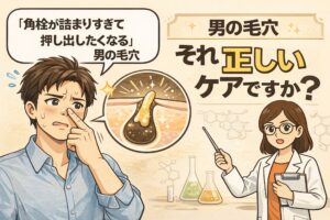 男性の毛穴ケアについて、「角栓が詰まりすぎて押し出したくなる」状態が本当に正しいケアなのかを解説するイラスト。鼻を押さえて悩む男性と、角栓が詰まった毛穴断面図、白衣の女性による解説を通して、自己流で押し出すケアのリスクと正しい考え方を分かりやすく示している。