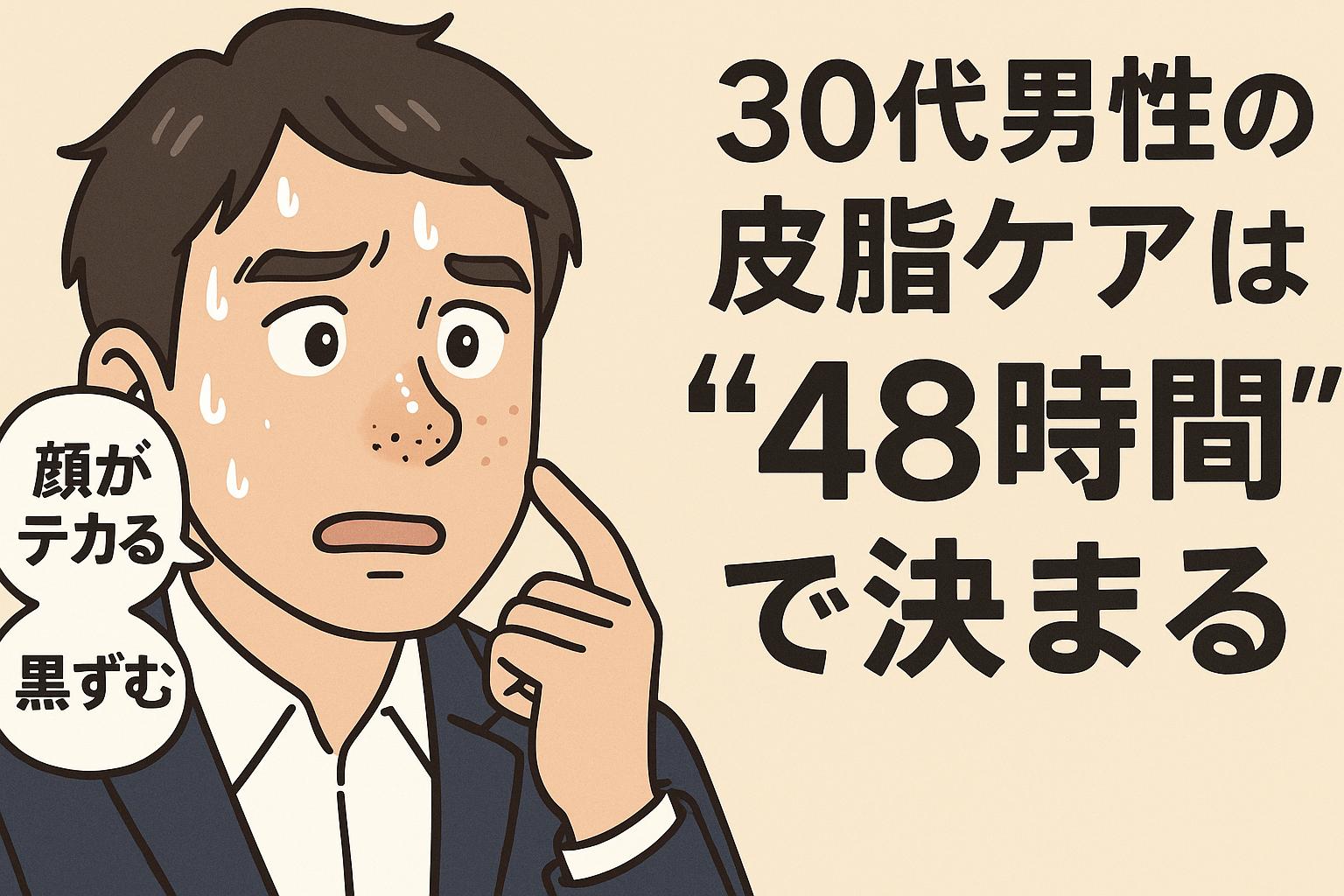30代男性が汗をかきながら鼻の黒ずみを気にする様子。「顔がテカる」「黒ずむ」という吹き出しと、「30代男性の皮脂ケアは“48時間”で決まる」という太字の日本語テキストが右側に配置された構成。皮脂や毛穴の詰まりに悩む男性向けのスキンケア訴求画像。