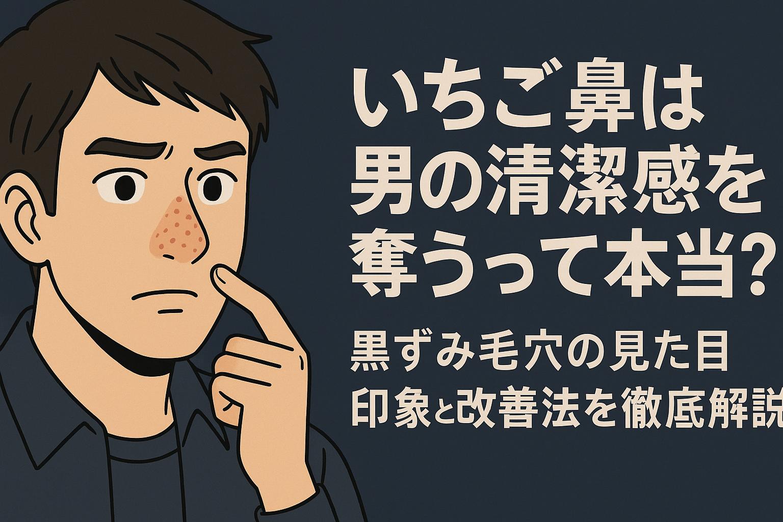 いちご鼻が目立つ若い男性が鼻に手を添えて心配そうな表情を浮かべている。背景はシックなネイビー、右側に「いちご鼻は男の清潔感を奪うって本当？」という太字の日本語テキスト。黒ずみ毛穴と見た目の印象に関するSEO記事のサムネイル用ビジュアル。