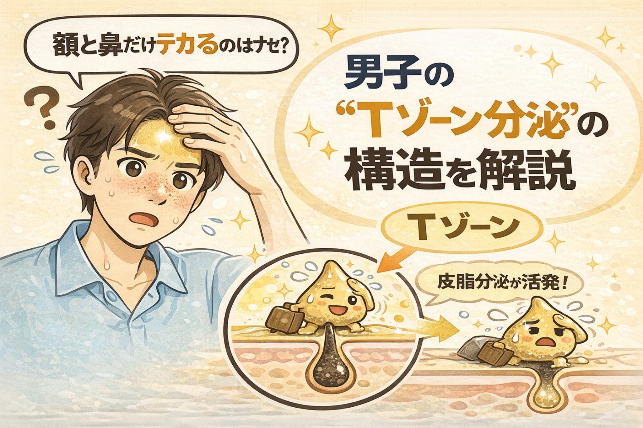 顔や鼻だけがテカりやすい理由を、男性特有のTゾーンにおける皮脂分泌構造から解説した図解イラスト。皮脂分泌を活発にするホルモンの影響で、鼻や額に皮脂が集中しやすい仕組みを、悩む男性と毛穴断面図で分かりやすく示している。