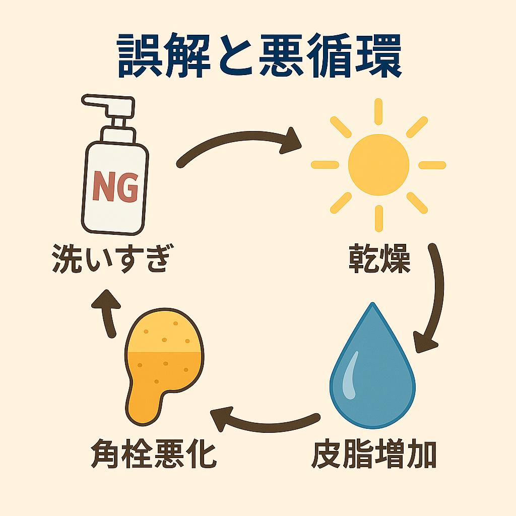 インフォグラフィック「誤解と悪循環」。
円形の矢印でつながる4つの要素：

洗いすぎ（洗顔料ボトルに「NG」マーク）

乾燥（太陽アイコン）

皮脂増加（水滴アイコン）

角栓悪化（詰まった毛穴のイラスト）

「洗いすぎ → 乾燥 → 皮脂増加 → 角栓悪化 → 再び洗いすぎ」と循環し、悪循環に陥ることを直感的に示している。 