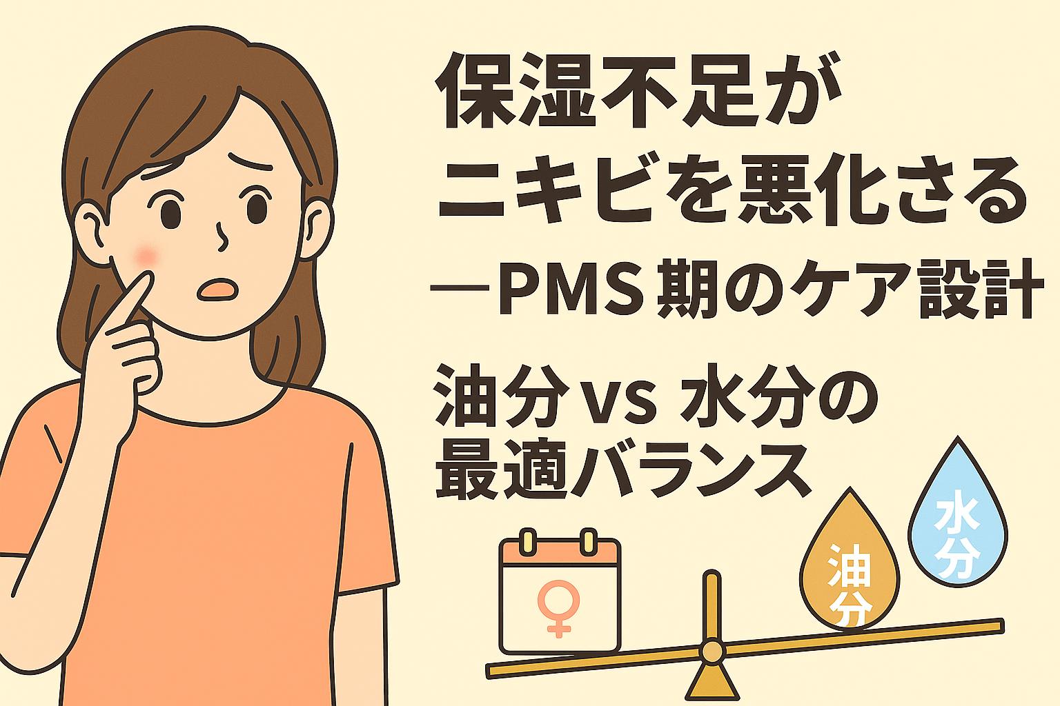 赤ニキビを頬に抱えた女性が悩む様子で頬を指さしているイラスト。右側には「保湿不足がニキビを悪化させる──油分vs水分の最適バランス」というテキストと、天秤に乗った油分（水滴）と水分（水滴）のバランスアイコン、PMSを示すカレンダーアイコンが並んでいる。