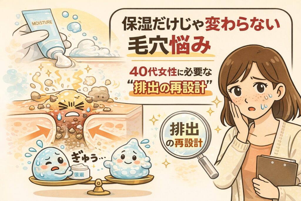 保湿だけでは改善しにくい40代女性の毛穴悩みを、「排出の再設計」という視点で解説した日本風2Dフラットイラスト。保湿剤を使っても毛穴内部に汚れが滞留する断面図と、悩む女性の表情、排出バランスを示す天秤や拡大鏡のモチーフで、毛穴構造の問題を分かりやすく表現している。