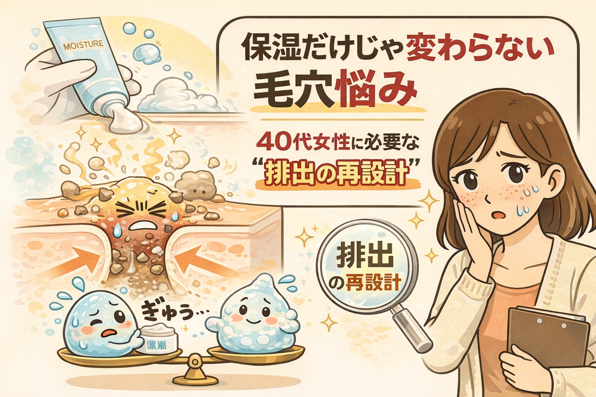 保湿だけでは改善しにくい40代女性の毛穴悩みを、「排出の再設計」という視点で解説した日本風2Dフラットイラスト。保湿剤を使っても毛穴内部に汚れが滞留する断面図と、悩む女性の表情、排出バランスを示す天秤や拡大鏡のモチーフで、毛穴構造の問題を分かりやすく表現している。