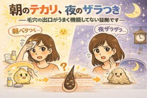 朝はテカリ、夜はザラつく肌の原因を、毛穴の出口がうまく機能していない状態として解説した図解イラスト。朝の皮脂過多と夜の角栓化を対比し、時間帯による毛穴変化を分かりやすく示している。