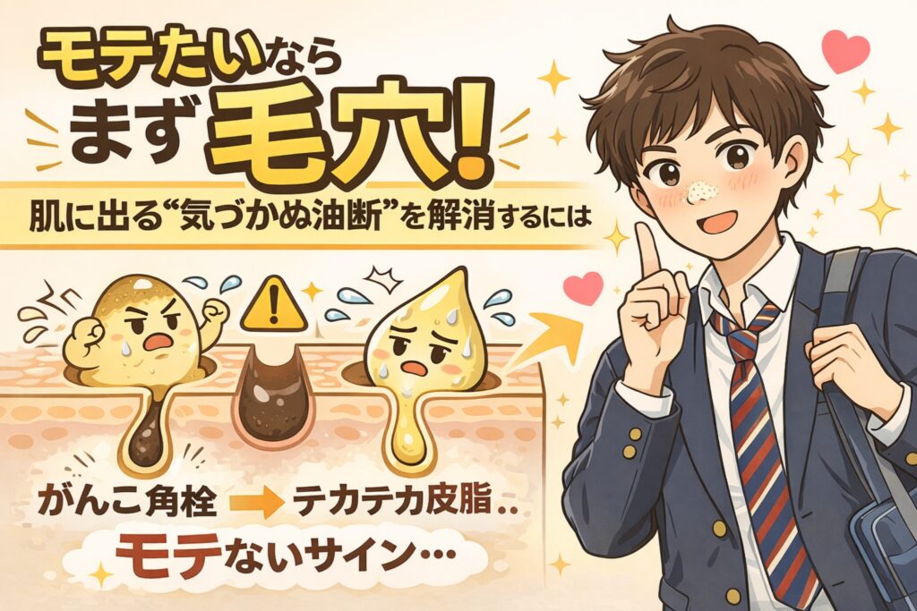 毛穴状態と清潔感の関係を解説するイラスト。学生風の男性が明るい表情で指を立てており、毛穴断面図では、角質が硬く詰まった状態から皮脂がテカつく状態への変化が描かれている。肌に出る「気づかぬ油断」が清潔感や印象に影響することを示している。