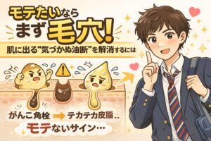 毛穴状態と清潔感の関係を解説するイラスト。学生風の男性が明るい表情で指を立てており、毛穴断面図では、角質が硬く詰まった状態から皮脂がテカつく状態への変化が描かれている。肌に出る「気づかぬ油断」が清潔感や印象に影響することを示している。