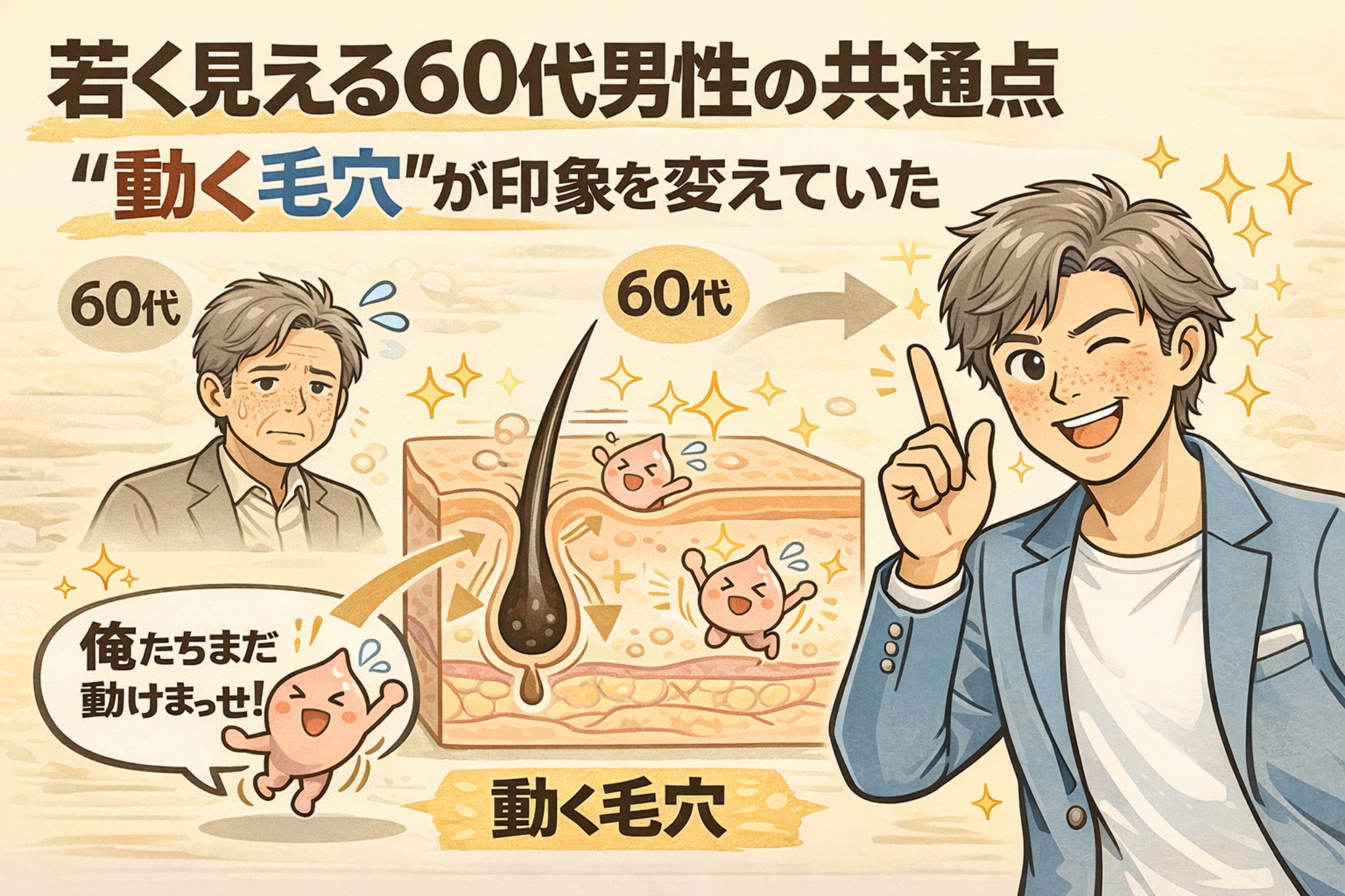 若く見える60代男性の共通点として「動く毛穴」を解説する図解イラスト。左側には毛穴の動きが弱く疲れた印象の60代男性、右側には表情が明るく若々しい60代男性が描かれている。中央の毛穴断面図では、皮脂や毛穴の流れが保たれて毛穴が動いている状態が示され、毛穴の動きが印象年齢に影響することをわかりやすく伝えるビジュアル。
