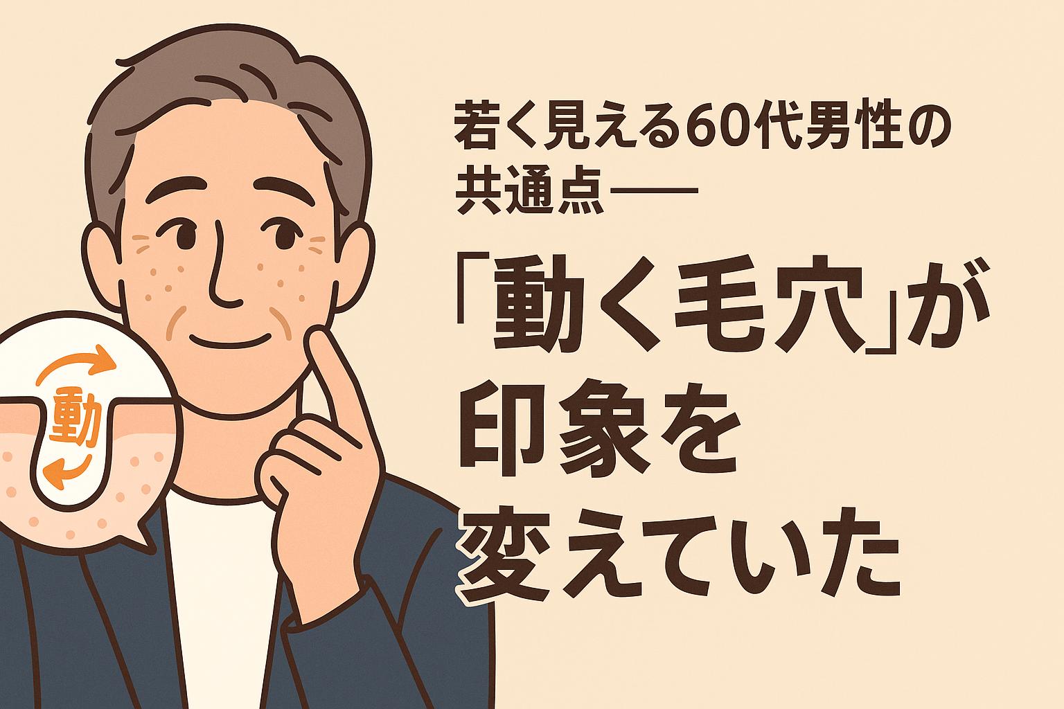 60代男性が柔らかくほほ笑みながら頬に指を添えているイラスト。左側には「動」という文字と矢印が描かれた毛穴の断面図が吹き出し内に表示され、「動く毛穴」が肌印象に関係していることを象徴。右側には「若く見える60代男性の共通点──『動く毛穴』が印象を変えていた」という太字テキストが配置され、年齢を感じさせない印象の鍵が毛穴構造にあることを訴求する構成。
