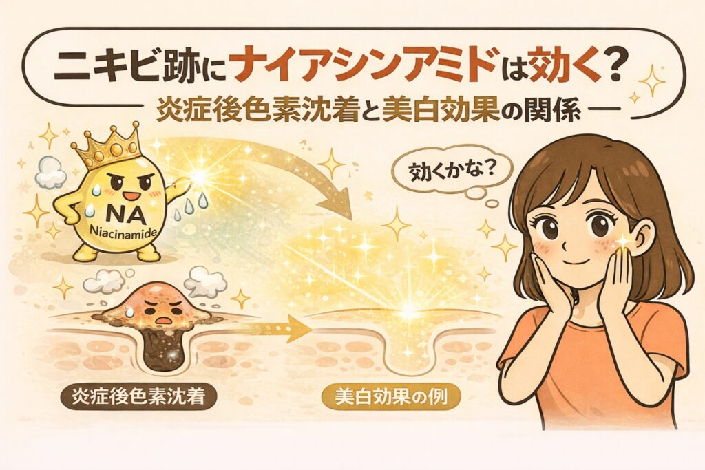 ニキビ跡にナイアシンアミドは効くのかを、炎症後色素沈着（PIH）と美白効果の関係から解説するイラスト。ナイアシンアミドの擬人化キャラクターが色素沈着した毛穴に働きかけ、明るい肌状態へ変化する流れを、悩む女性の表情と対比してわかりやすく表現している。