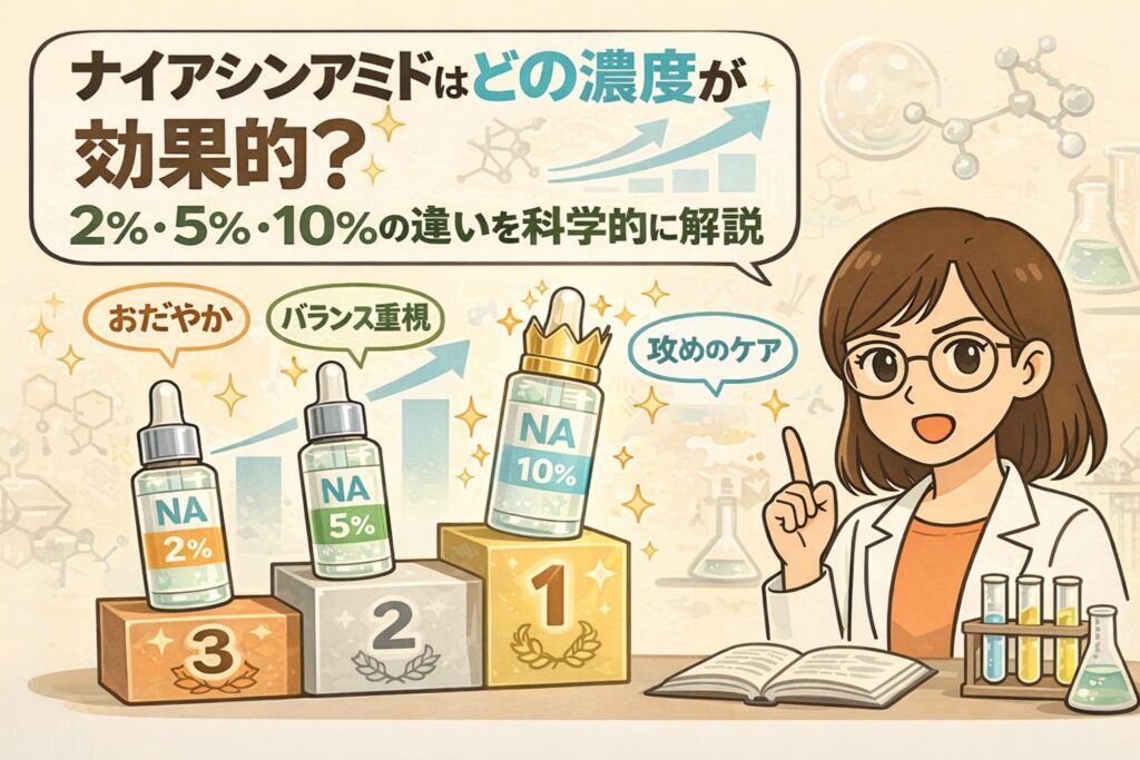ナイアシンアミドの濃度2％・5％・10％の違いを、やさしい研究員風イラストとボトルの比較で解説した図解。低刺激でおだやかな2％、バランス重視の5％、攻めのケアとしての10％それぞれの特徴を、科学的視点でわかりやすく示している。