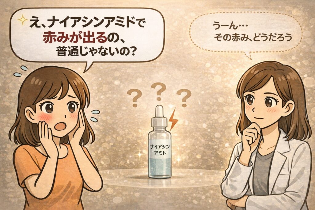 ナイアシンアミド使用後に赤みが出て不安になる女性と、白衣で眼鏡の女性が「その赤みはどうだろう」と冷静に考えるイラスト。中央にはナイアシンアミド美容液のボトルが描かれ、好転反応による一時的な赤みなのか、刺激によるトラブルなのかを見極める必要があることを示唆するアイキャッチ。