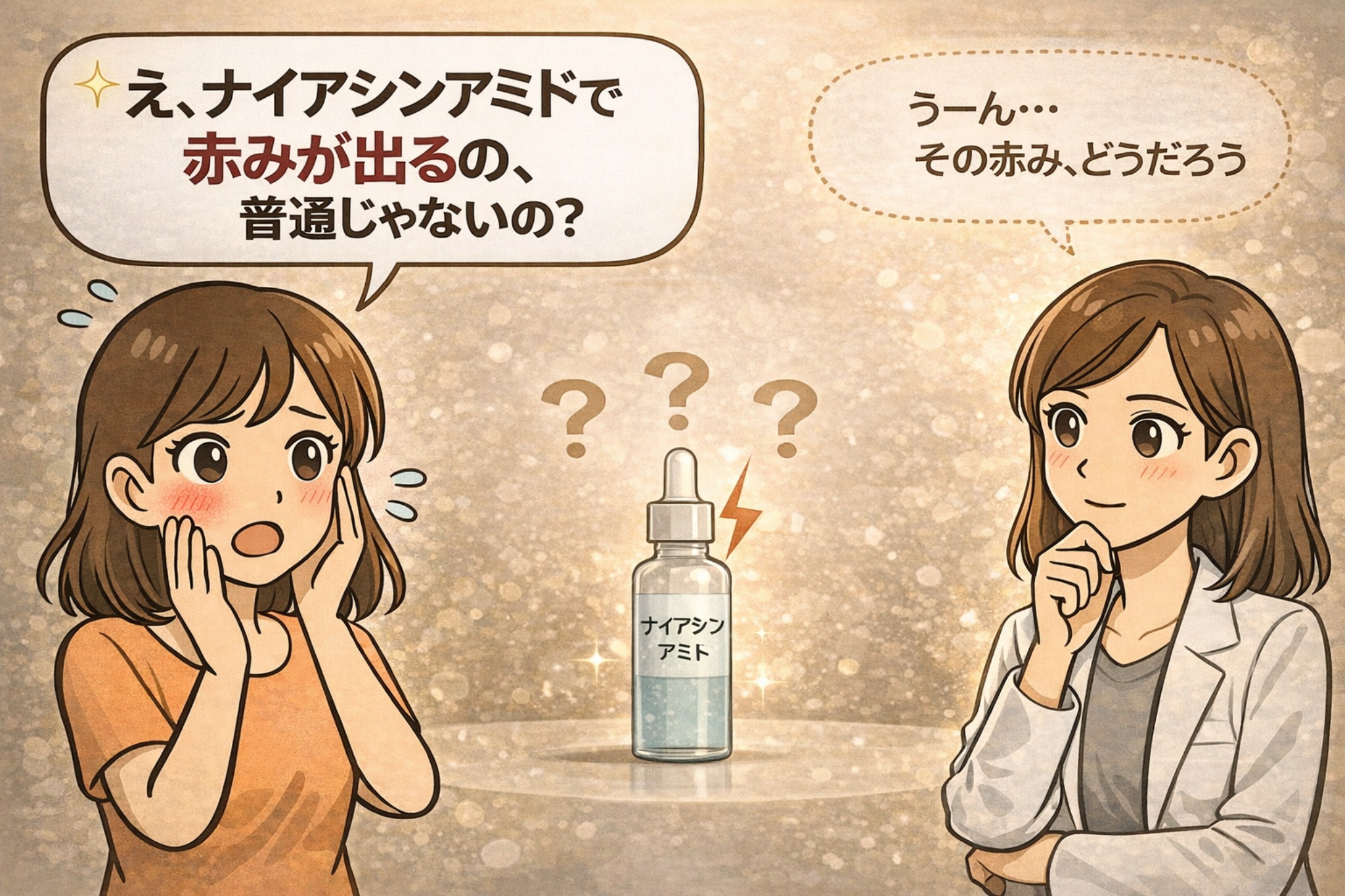 ナイアシンアミド使用後に赤みが出て不安になる女性と、白衣で眼鏡の女性が「その赤みはどうだろう」と冷静に考えるイラスト。中央にはナイアシンアミド美容液のボトルが描かれ、好転反応による一時的な赤みなのか、刺激によるトラブルなのかを見極める必要があることを示唆するアイキャッチ。