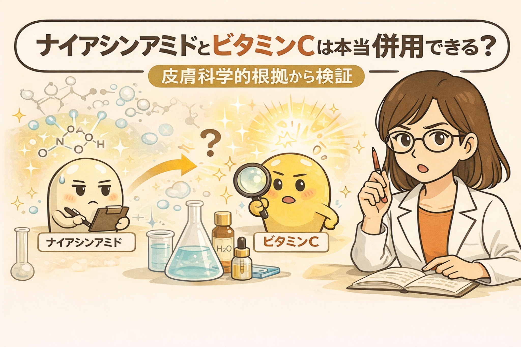 ナイアシンアミドとビタミンCは本当に併用できるのかを、皮膚科学的な根拠にもとづいて検証するイラスト。成分キャラクターと実験器具、研究者の視点を通して、併用の可否や考え方をわかりやすく示している。