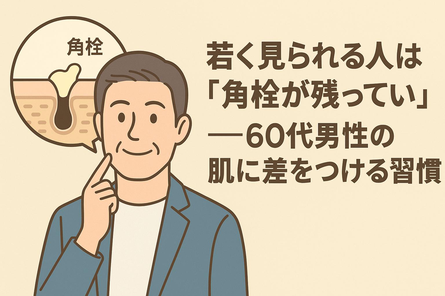 60代男性がにこやかな表情で頬に指を添え、肌状態に自信を持っている様子を描いたイラスト。左側の吹き出しには「角栓」と書かれた詰まりを示す毛穴断面図が表示されており、毛穴の中に角栓が残っていないことが若々しい印象を保つ鍵であることを象徴。右側には「若く見られる人は『角栓が残ってない』──60代男性の肌に差をつける習慣」という太字テキストが配置され、肌印象の改善習慣を訴求する構成。