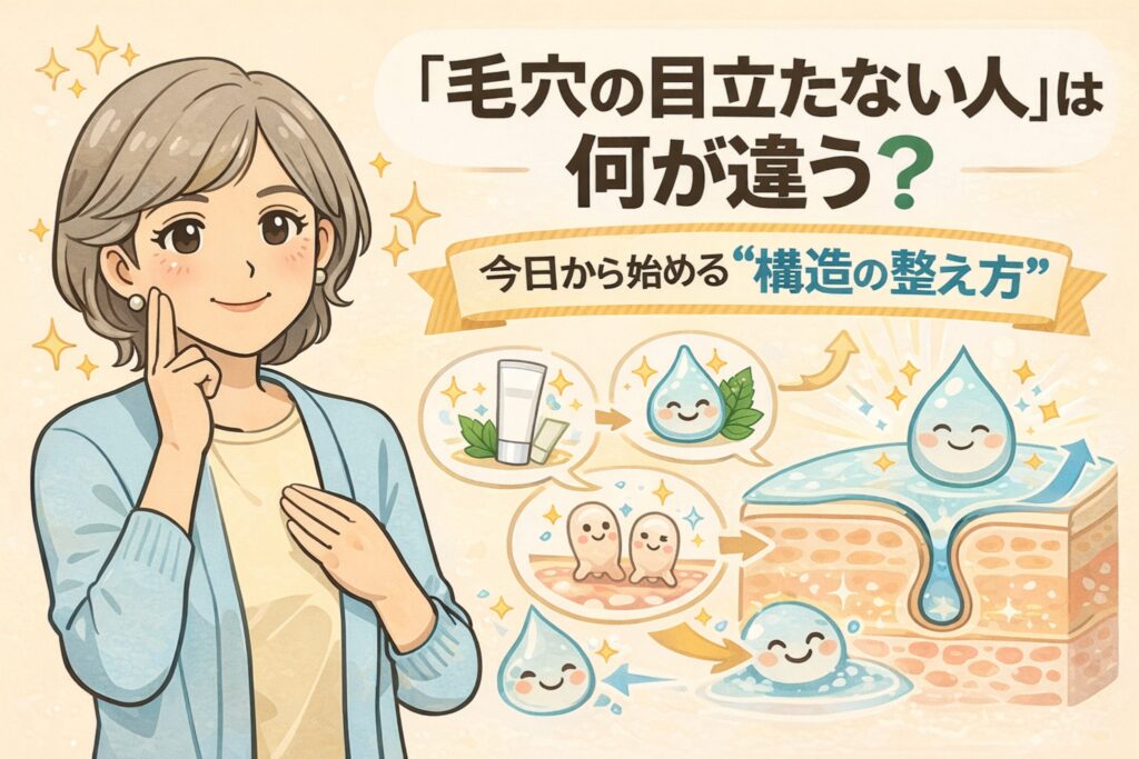 「毛穴の目立たない人」は何が違うのかを、肌構造の整え方という視点で解説するイラスト。落ち着いた表情の女性と、保湿・角質・皮脂の流れが整った毛穴断面図を通して、今日から始められる“構造を整えるケア”の考え方をわかりやすく表現している。