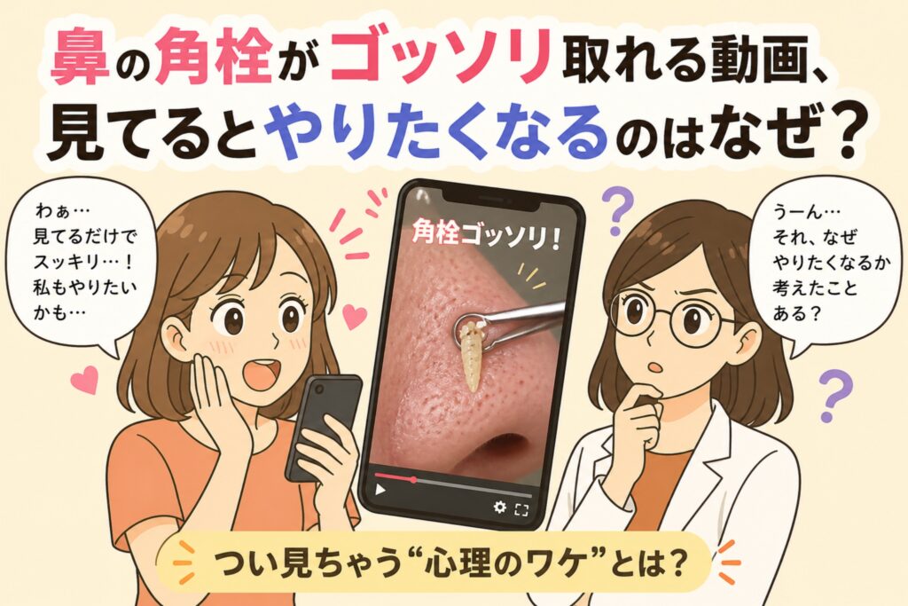 鼻の角栓がゴッソリ取れる動画をスマホで見て、ついやりたくなる心理をテーマにした日本風イラスト。左に動画を見て興味を持つ女性、中央に角栓除去動画のスマホ画面、右に理由を考える白衣姿の女性が描かれている。