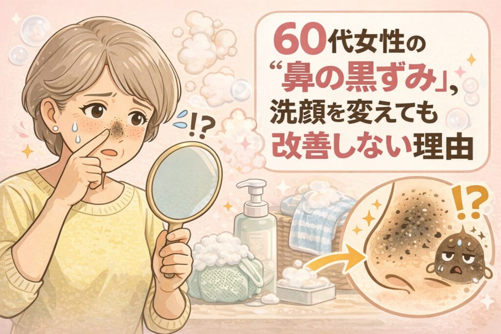 60代女性が鏡を見ながら鼻の黒ずみに悩む様子を描いたイラスト。洗顔料や泡立てネットが背景にあり、洗顔を変えても改善しない鼻の黒ずみの原因を示唆している。右側には毛穴に詰まった角栓の拡大図が描かれ、黒ずみが汚れではなく角栓構造によるものであることを表現している。