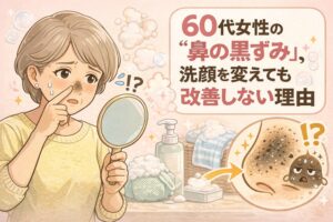 60代女性が鏡を見ながら鼻の黒ずみに悩む様子を描いたイラスト。洗顔料や泡立てネットが背景にあり、洗顔を変えても改善しない鼻の黒ずみの原因を示唆している。右側には毛穴に詰まった角栓の拡大図が描かれ、黒ずみが汚れではなく角栓構造によるものであることを表現している。