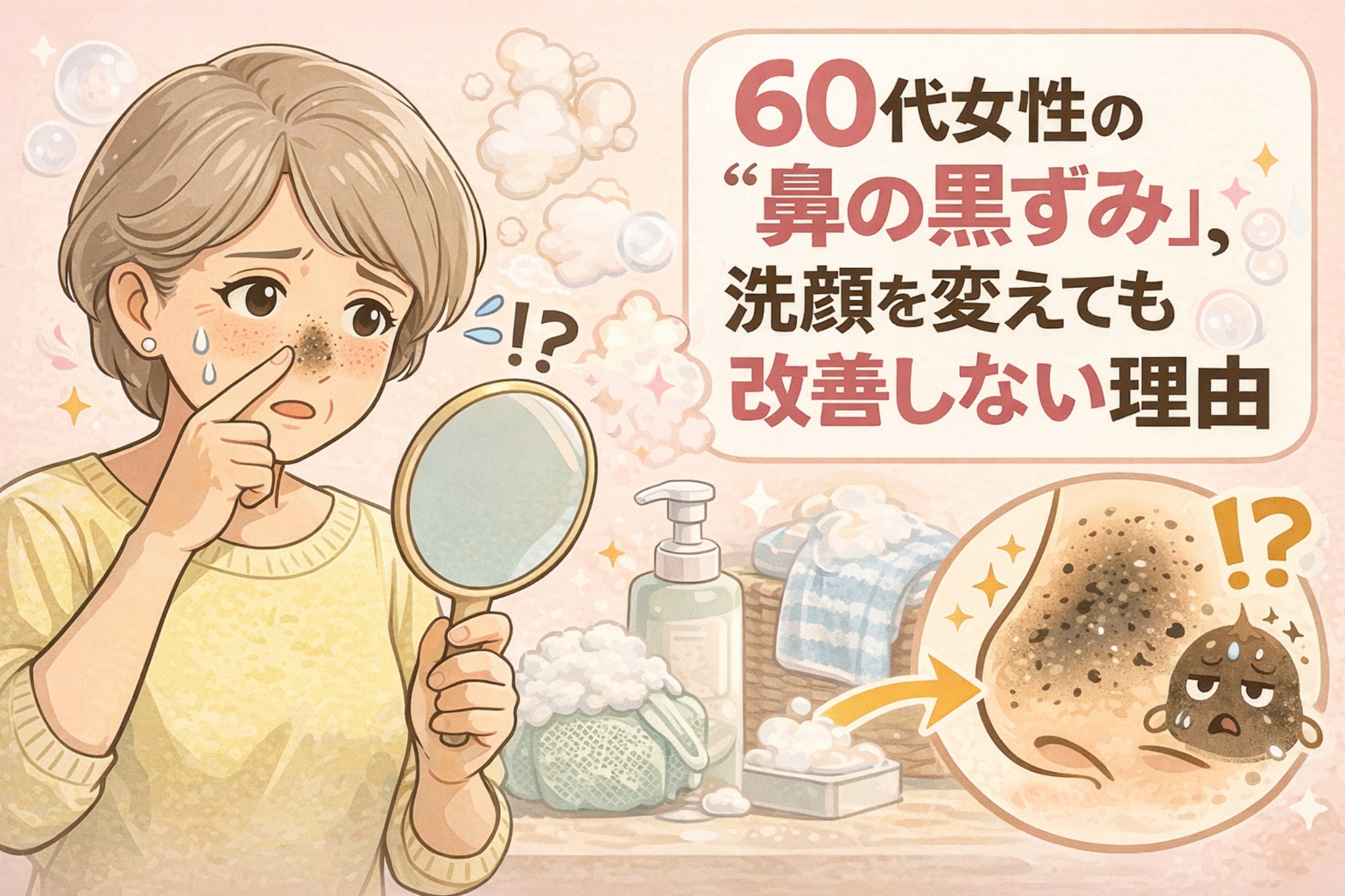 60代女性が鏡を見ながら鼻の黒ずみに悩む様子を描いたイラスト。洗顔料や泡立てネットが背景にあり、洗顔を変えても改善しない鼻の黒ずみの原因を示唆している。右側には毛穴に詰まった角栓の拡大図が描かれ、黒ずみが汚れではなく角栓構造によるものであることを表現している。
