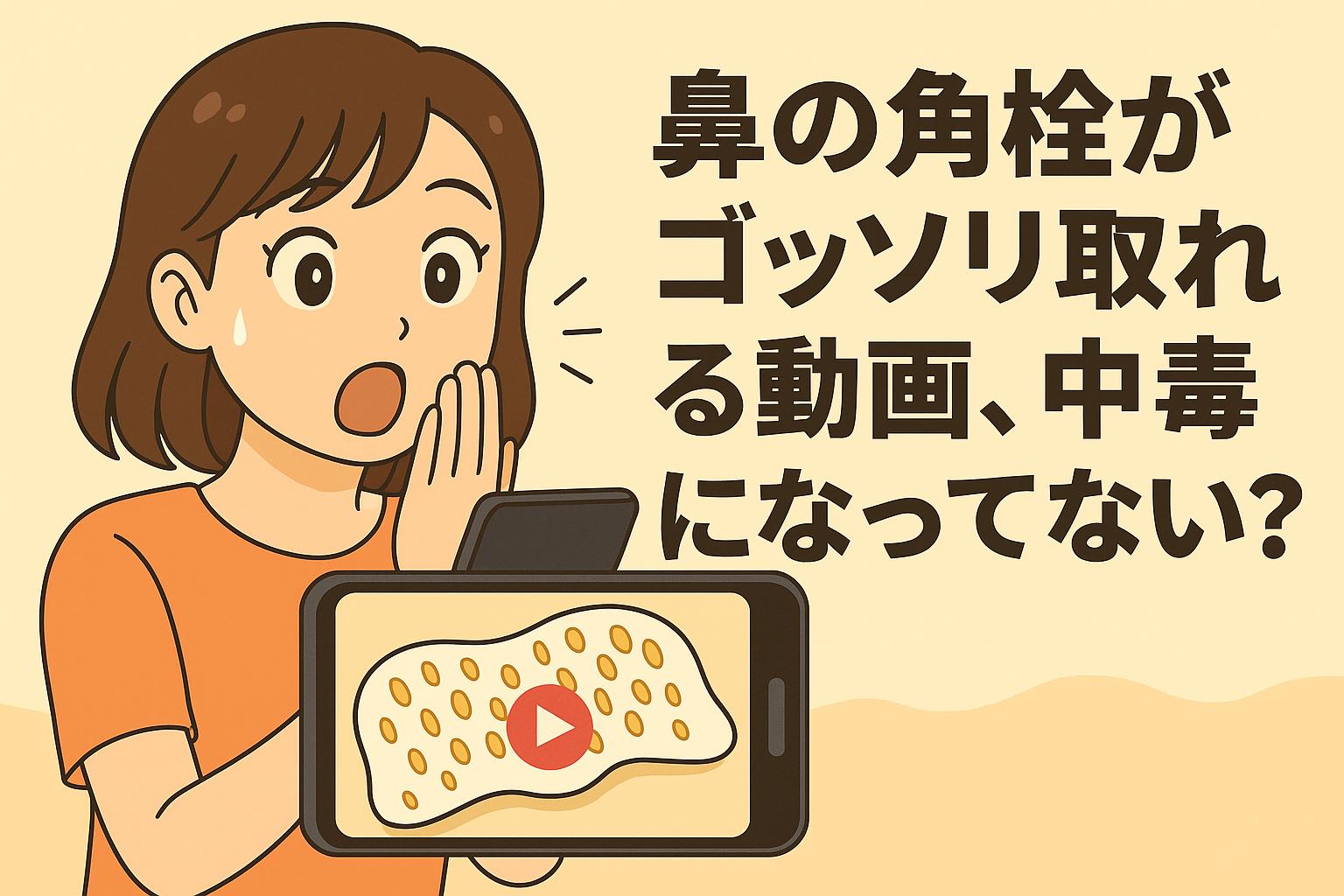 「鼻の角栓がゴッソリ取れる動画、中毒になってない？」をテーマにしたイラスト。左側では女性がスマホ画面を見て驚きつつ夢中になっている様子。スマホ画面には、角栓が大量に取れたシートをイメージした動画サムネイルが描かれている。角栓除去動画の“見てしまう心理”をコミカルに表現した構図。
