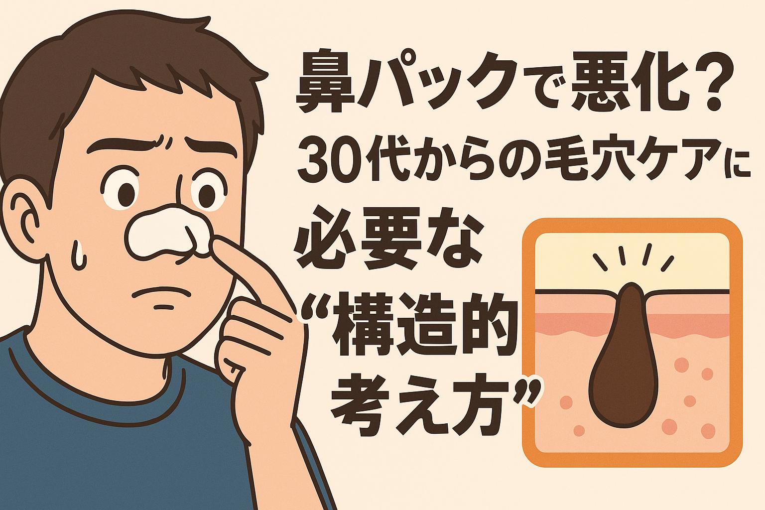 30代男性が鼻パックを貼り、不安そうな表情をしているイラスト。右側には「鼻パックで悪化？30代からの毛穴ケアに必要な“構造的考え方”」という太字テキストと毛穴断面図が描かれている。