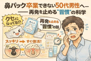 鼻パックをやめられない50代男性に向けて、角栓除去後にすぐ再発してしまう理由を「習慣」の視点で解説した図解イラスト。鼻パックで一時的にスッキリしても、同じケアを繰り返すことで再発が固定化する構造を表現している。