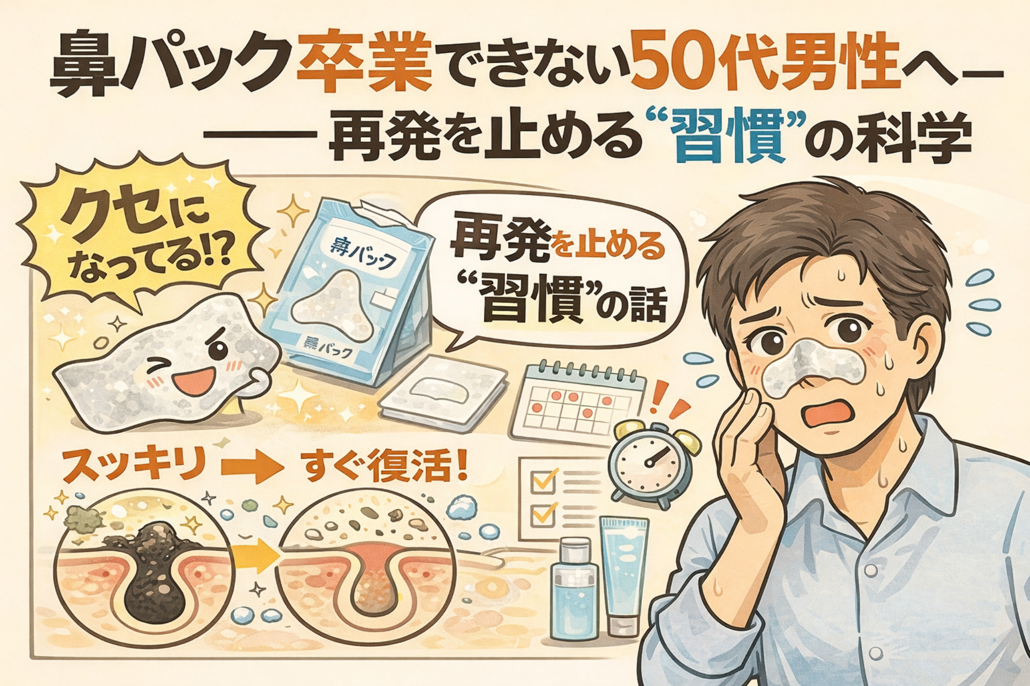 鼻パックをやめられない50代男性に向けて、角栓除去後にすぐ再発してしまう理由を「習慣」の視点で解説した図解イラスト。鼻パックで一時的にスッキリしても、同じケアを繰り返すことで再発が固定化する構造を表現している。