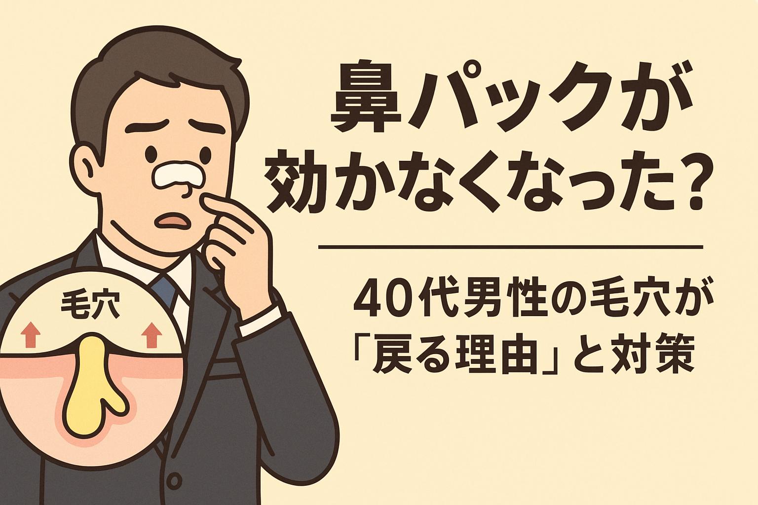 鼻パックの効果が薄れてきたことに悩む40代男性のイラスト。スーツ姿の男性が鼻にパックを貼ったまま不安そうな表情で鼻を指差しており、左下には「毛穴」と書かれた角栓詰まりの毛穴断面図が描かれている。右側には「鼻パックが効かなくなった？──40代男性の毛穴が『戻る理由』と対策」という太字のテキストが配置され、再詰まりの構造的原因と対処法を訴求する構成。