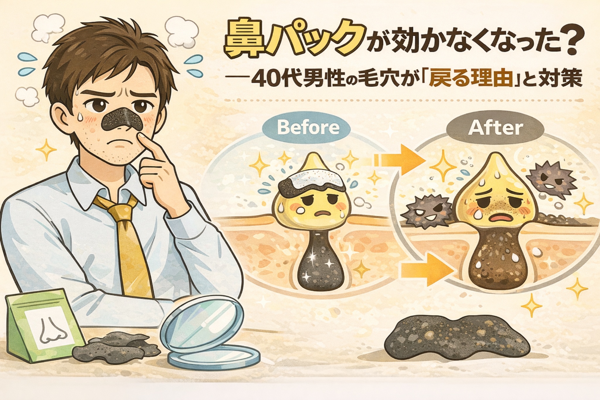 鼻パックが効かなくなったと悩む40代男性の毛穴問題を解説したイラスト。黒ずみ鼻を気にする男性と、鼻パック使用前後(Before/After)の毛穴断面図が並び、角栓が一時的に取れても再び詰まる様子が描かれている。「40代男性の毛穴が戻る理由と対策」をテーマにした淡いベージュ背景の図解アイキャッチ。