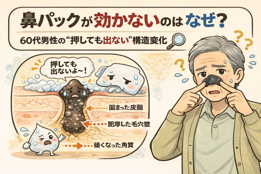 鼻パックが効かなくなる理由を、60代男性に多い毛穴構造の変化から解説したイラスト。固まった皮脂、肥厚した毛穴壁、硬くなった角質によって、押しても角栓が出てこない状態を、毛穴断面図と悩む男性の表情で分かりやすく示している。