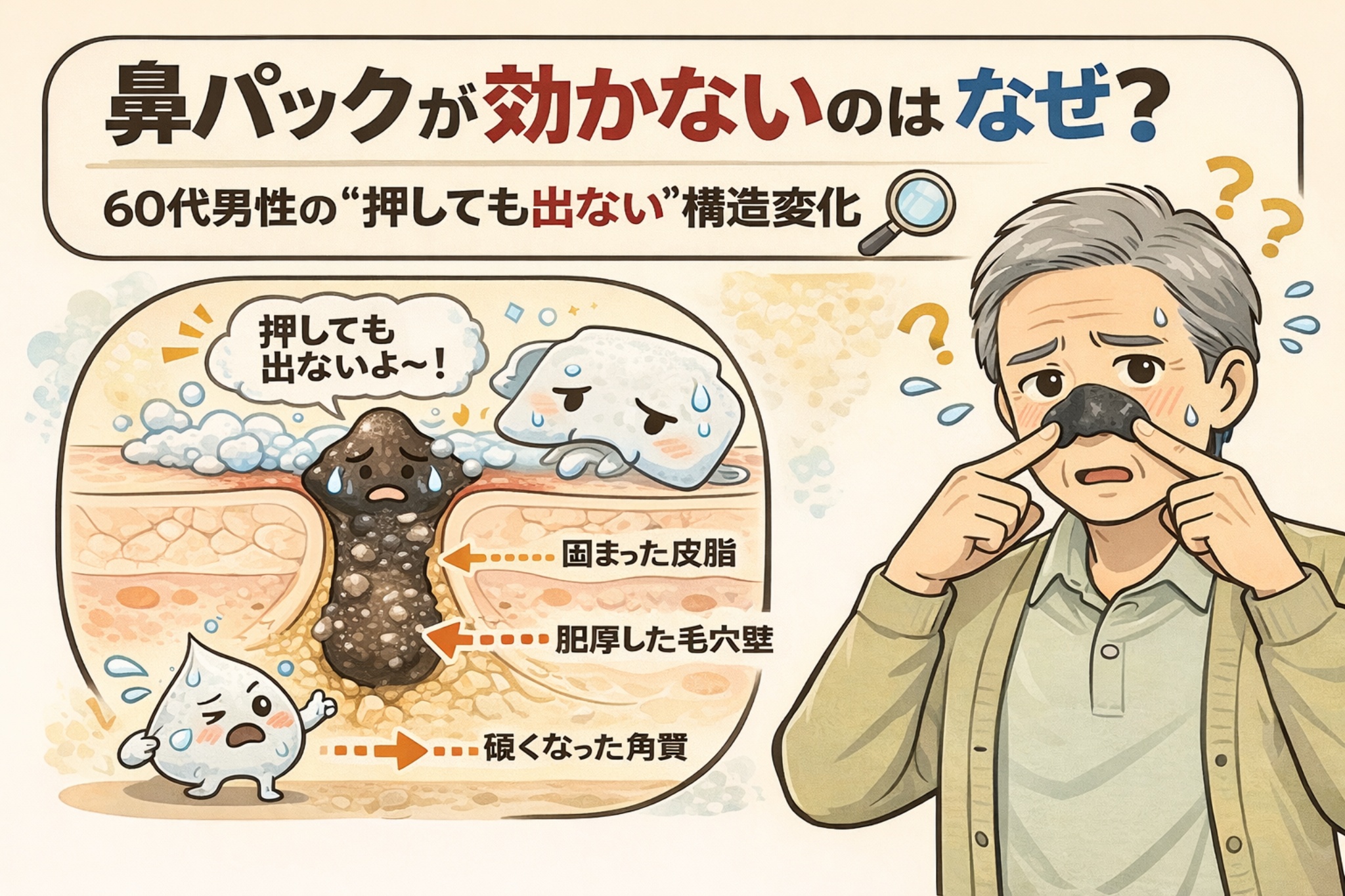 鼻パックが効かなくなる理由を、60代男性に多い毛穴構造の変化から解説したイラスト。固まった皮脂、肥厚した毛穴壁、硬くなった角質によって、押しても角栓が出てこない状態を、毛穴断面図と悩む男性の表情で分かりやすく示している。