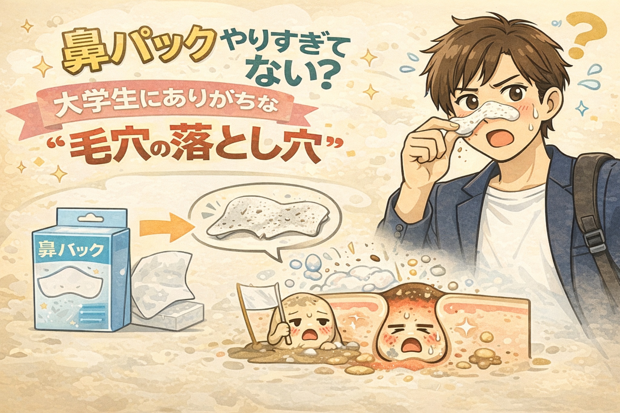 鼻パックをやりすぎてしまう大学生に多い「毛穴の落とし穴」を解説したイラスト。鼻パックを剥がす男性と、角栓が抜けた後に毛穴がダメージを受けている様子を擬人化キャラクターと毛穴断面図で表現し、過度な鼻パックが毛穴トラブルにつながる構造を視覚的に伝えている。