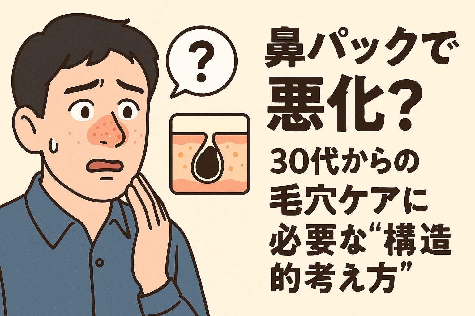 30代男性が鼻パック後の黒ずみに驚く様子と、毛穴詰まりの構造図を示すフラットイラスト。構造的視点の毛穴ケアを訴求する日本語テキスト付き。