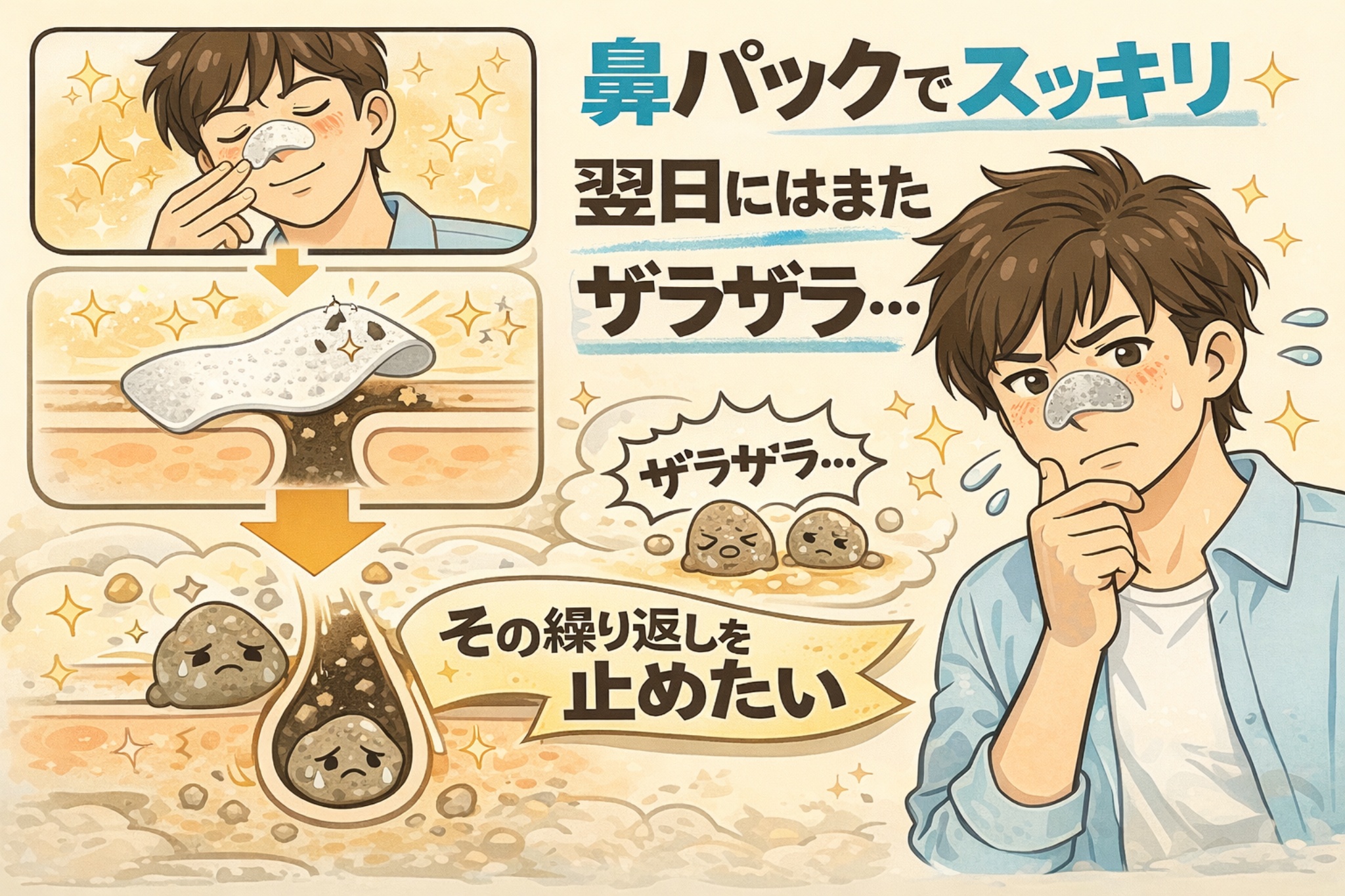 鼻パックで一時的にスッキリしても、翌日に再びザラつきが戻る流れを図解したイラスト。角栓が除去された直後の状態と、時間経過で再び詰まりが進行する様子を断面図で示し、同じケアを繰り返してしまう構造的な原因をわかりやすく説明している。