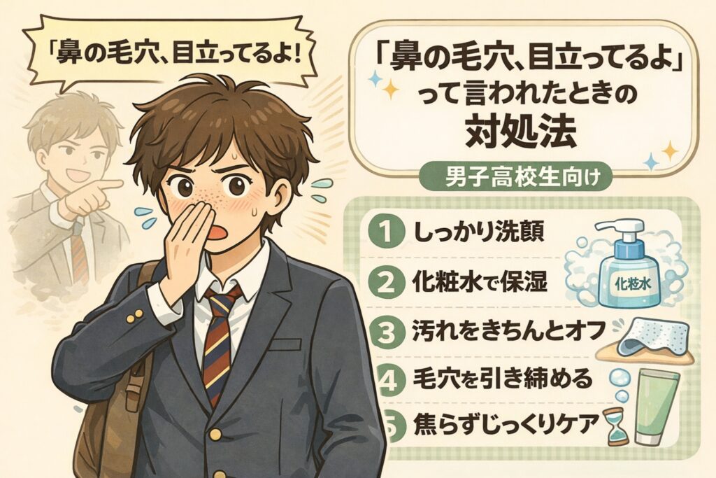 「鼻の毛穴、目立ってるよ」と言われて戸惑う男子高校生に向けた対処法をまとめた図解イラスト。鼻を気にする学生の表情と、洗顔・保湿・汚れオフ・引き締め・焦らずケアという基本ステップを、アイコン付きで分かりやすく示している。
