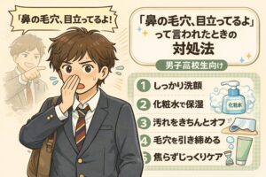 「鼻の毛穴、目立ってるよ」と言われて戸惑う男子高校生に向けた対処法をまとめた図解イラスト。鼻を気にする学生の表情と、洗顔・保湿・汚れオフ・引き締め・焦らずケアという基本ステップを、アイコン付きで分かりやすく示している。