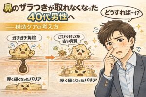 鼻のザラつきが取れなくなった40代男性向けに、構造ケアの考え方を解説するイラスト。ガチガチに硬くなった角栓や、こびり付いた古い角質によって毛穴の出口バリアが厚くなっている様子を、毛穴断面図と擬人化キャラクターで表現。悩む男性の表情とともに、年齢とともに変化する毛穴構造を視覚的に説明している。