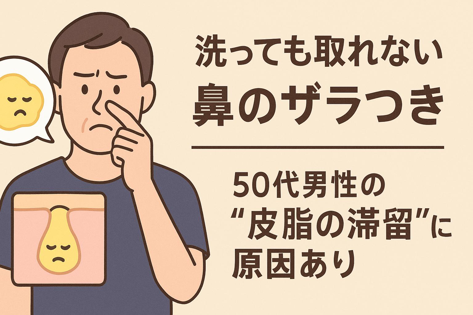 洗っても取れない鼻のザラつきに悩む50代男性を描いたイラスト。鼻に触れる男性と、「皮脂の滞留」を擬人化したキャラクターが登場し、毛穴断面図を通じてザラつきの根本原因を可視化。皮脂が動かずに詰まる構造を理解させる構成。