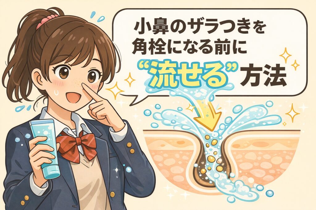 小鼻のザラつきを角栓になる前に「流して」ケアする方法を解説した日本風2Dフラットイラスト。洗顔料を手にした女子学生が小鼻を指し示し、毛穴断面では水分とともに皮脂や微細な汚れが流れ落ちる様子を矢印と水しぶきで表現している。
