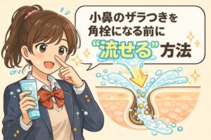小鼻のザラつきを角栓になる前に「流して」ケアする方法を解説した日本風2Dフラットイラスト。洗顔料を手にした女子学生が小鼻を指し示し、毛穴断面では水分とともに皮脂や微細な汚れが流れ落ちる様子を矢印と水しぶきで表現している。