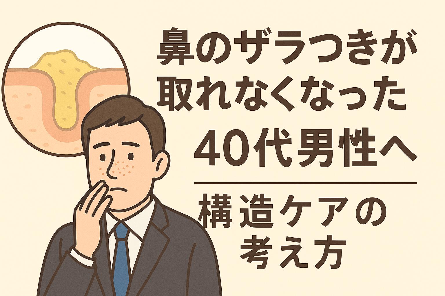 鼻のザラつきに悩む40代男性を描いたイラスト。スーツ姿の男性が鼻に手を当てて不安そうな表情を見せ、左上には角栓が詰まった毛穴の断面図が配置されている。「鼻のザラつきが取れなくなった40代男性へ 構造ケアの考え方」という大きな日本語テキストが添えられ、洗顔だけでは改善しない毛穴悩みに対する新しい視点を訴求している構成。