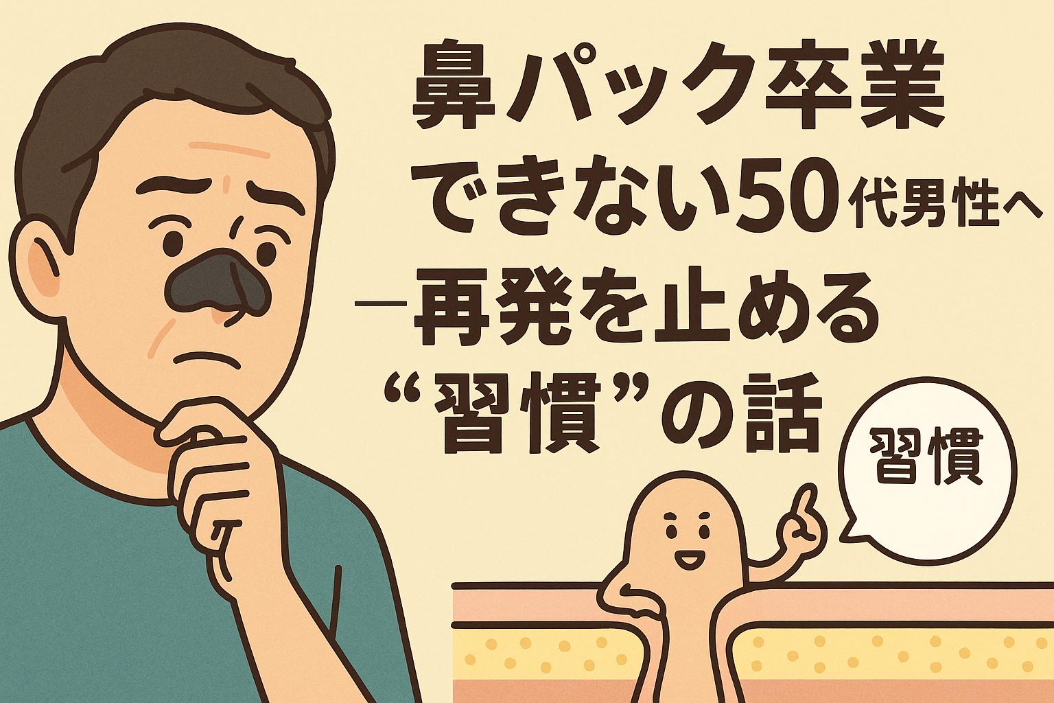 鼻パックがやめられない50代男性を描いたイラスト。鼻に黒いパックを貼った男性が思案する様子と、「習慣」と話す毛穴キャラが登場。毛穴断面図と習慣の吹き出しが、再発防止には毎日のケア習慣が重要であることを視覚的に伝えている。