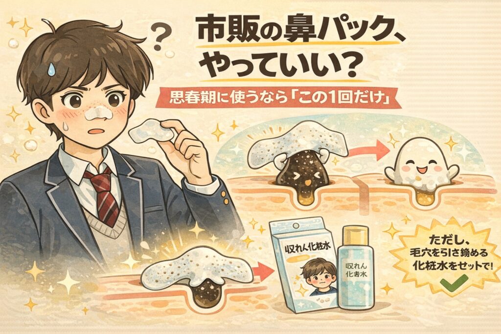市販の鼻パックを使ってよいか悩む思春期の男子が描かれ、「思春期に使うならこの1回だけ」という注意点とともに、鼻パックで角栓を除去する流れ、その後に毛穴を引き締める化粧水でケアする重要性を、毛穴断面図と擬人化キャラクターで解説しているイラスト