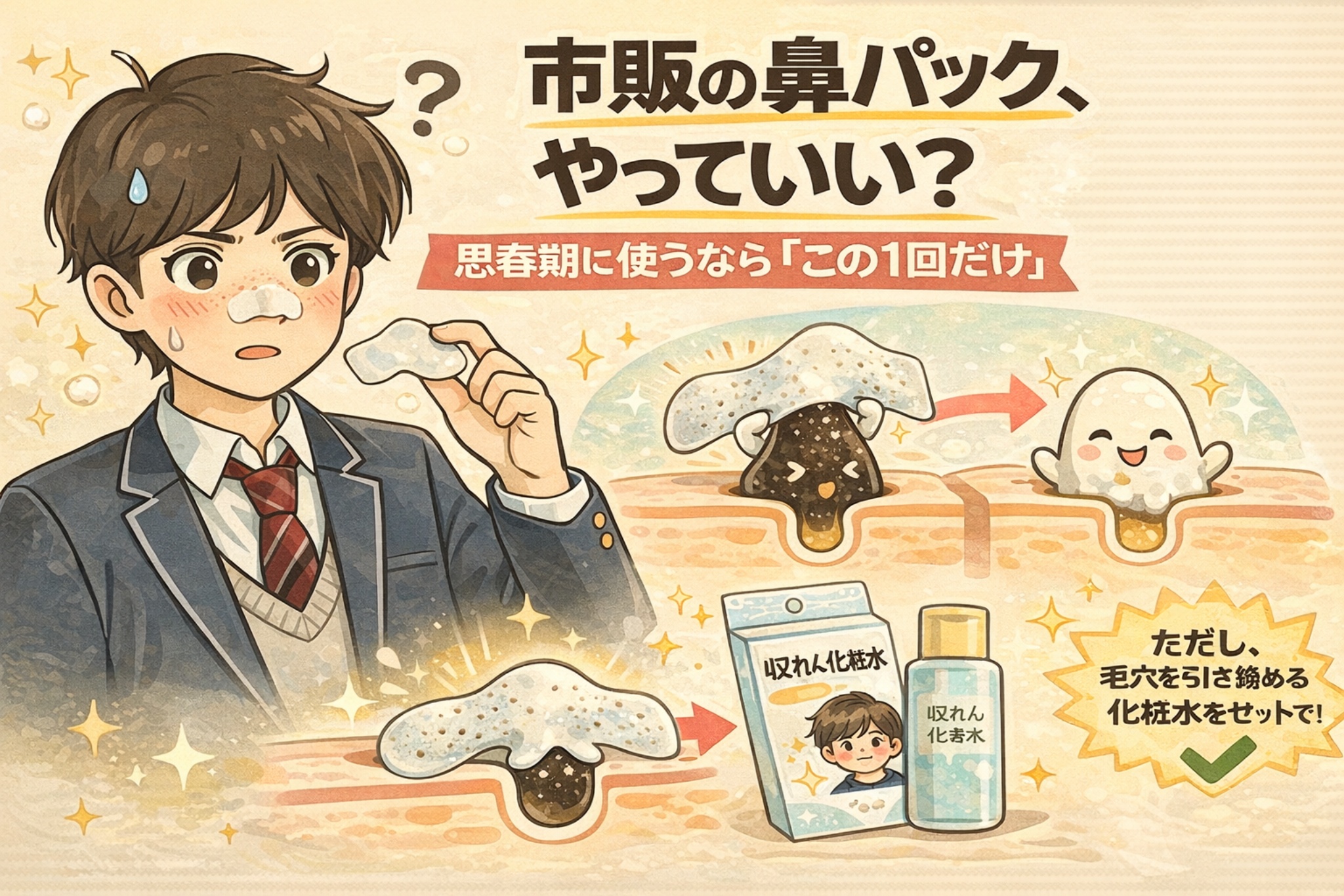 市販の鼻パックを使ってよいか悩む思春期の男子が描かれ、「思春期に使うならこの1回だけ」という注意点とともに、鼻パックで角栓を除去する流れ、その後に毛穴を引き締める化粧水でケアする重要性を、毛穴断面図と擬人化キャラクターで解説しているイラスト